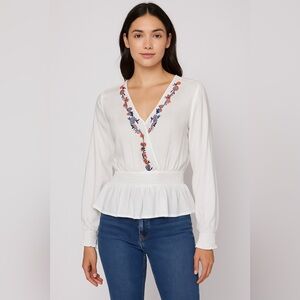 Jopana White Embroidered Peplum Blouse | Size M | Boho Floral Top